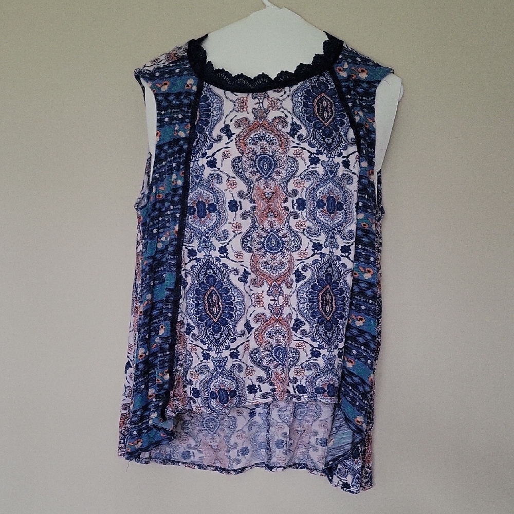 Symmetry Blue and Pink Asymmetrical Sleeveless Blouse
